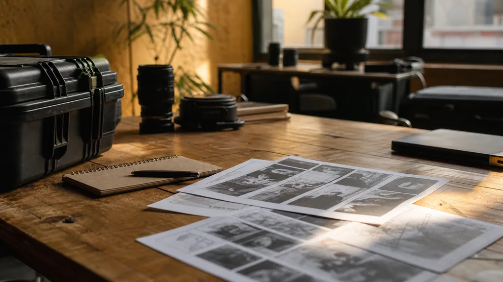 Editorial photograph of a Mexico City film production office with camera cases, printed storyboards and warm afternoon light on a wooden table
