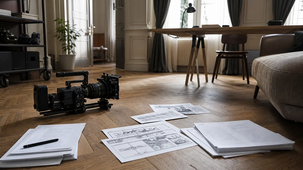 Editorial photograph of a Paris video production office with a cinema camera, printed scripts and storyboards on a herringbone parquet floor