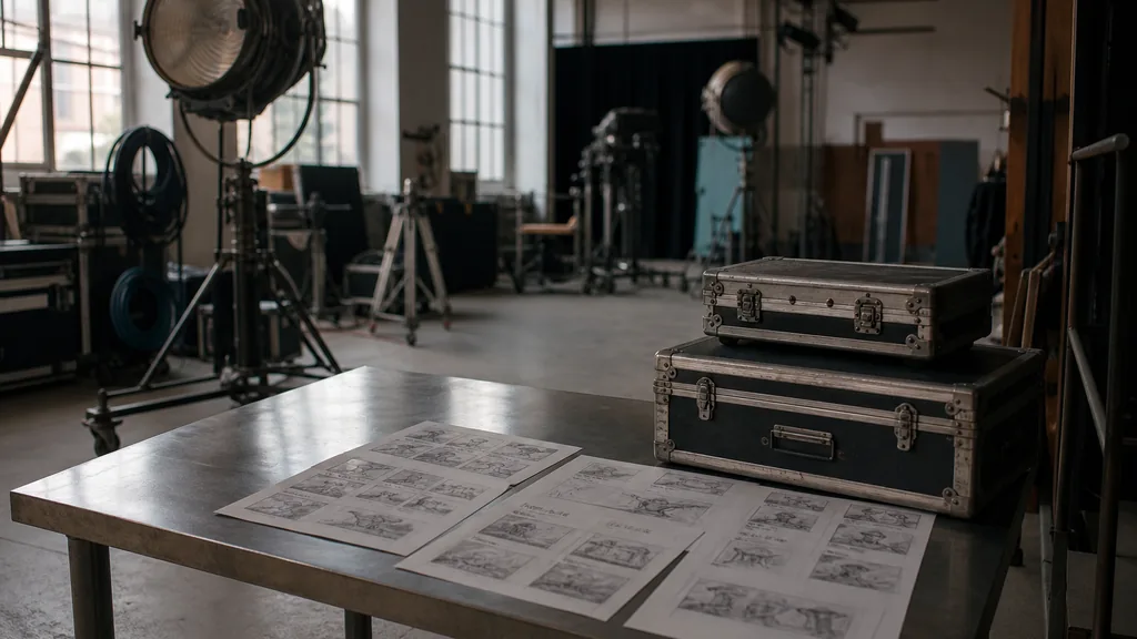 Editorial photograph of a Prague film production studio with vintage lighting fixtures, camera cases and printed storyboards on a steel table