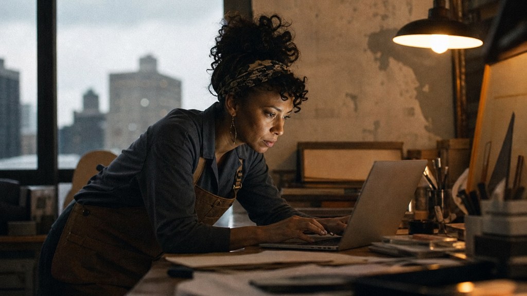 A small-business owner in an apron leaning over a laptop on a cluttered back-office desk late in the day, photographed in Detroit