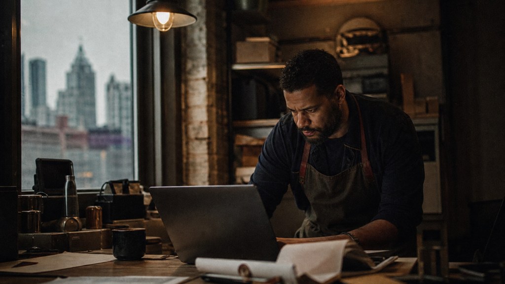 A small-business owner in an apron leaning over a laptop on a cluttered back-office desk late in the day, photographed in Detroit