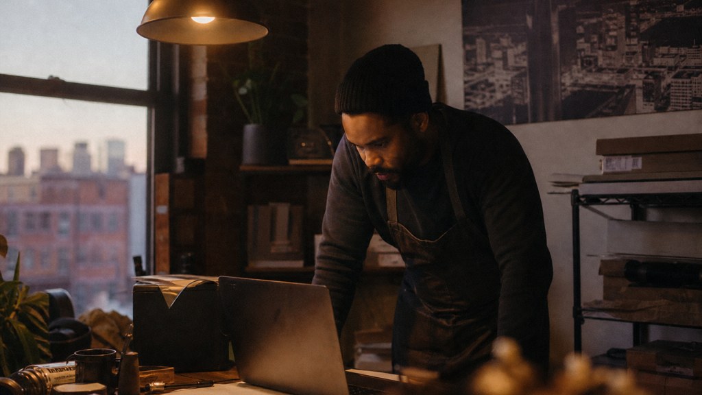 A small-business owner in an apron leaning over a laptop on a cluttered back-office desk late in the day, photographed in Detroit