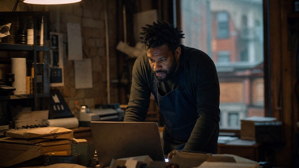 A small-business owner in an apron leaning over a laptop on a cluttered back-office desk late in the day, photographed in Detroit