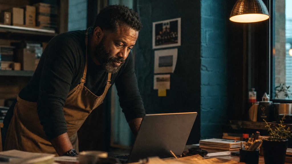 A small-business owner in an apron leaning over a laptop on a cluttered back-office desk late in the day, photographed in Detroit