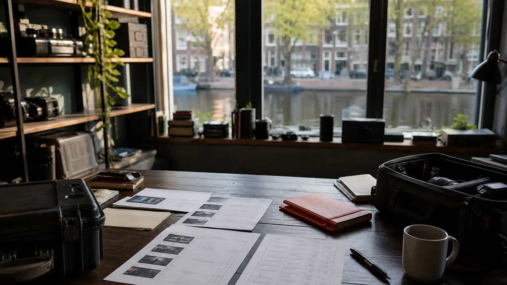 Editorial photograph of an Amsterdam film production office with camera cases, printed shot lists and canal light on a dark wooden table