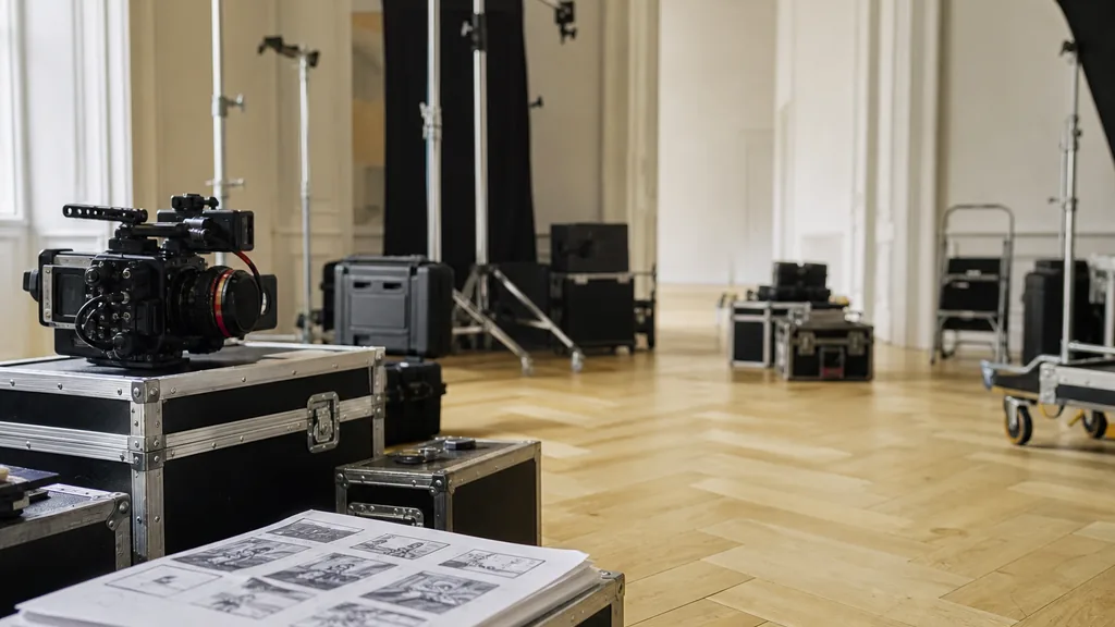 Editorial photograph of a Vienna film production studio with camera equipment cases and printed storyboards on a pale parquet floor