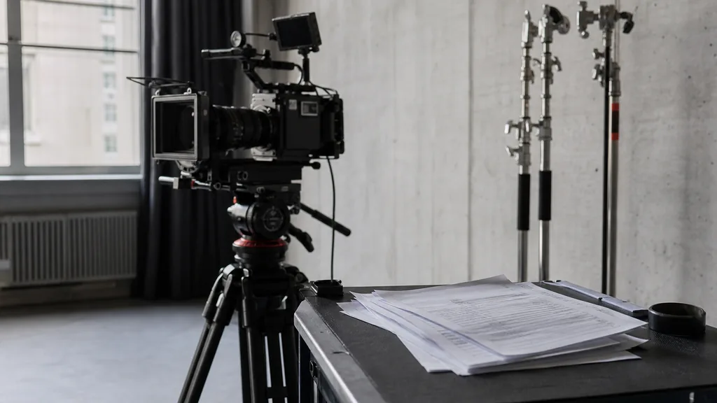 Editorial photograph of a Zurich video production studio with a cinema camera, printed call sheets and lighting stands beside a concrete wall
