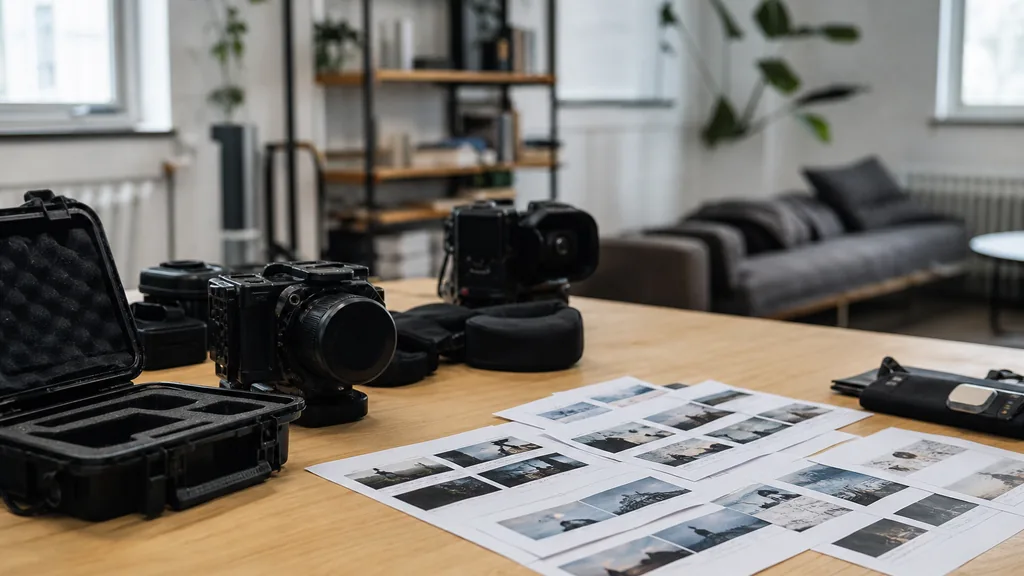 Editorial photograph of a Stockholm video production studio with camera cases and printed storyboards on a light birch table