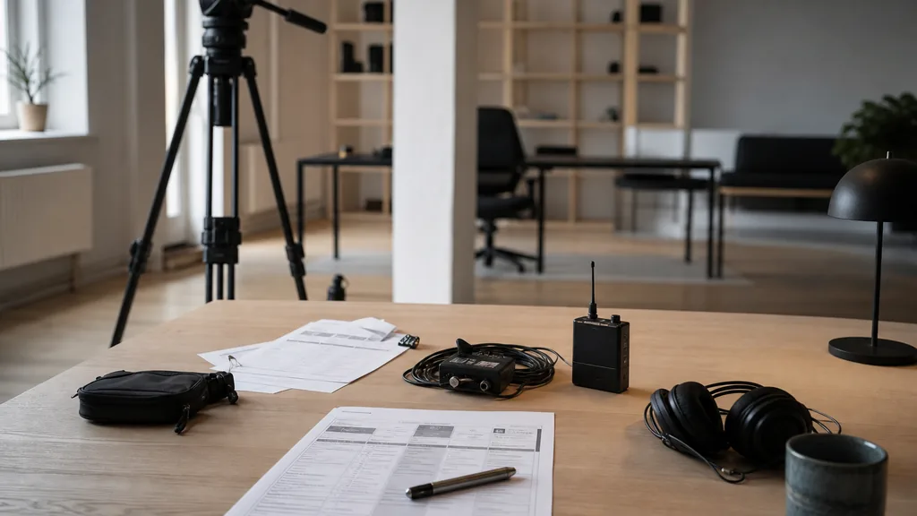 Editorial photograph of a Copenhagen video production office with a tripod, printed call sheets and audio kit on a pale oak table