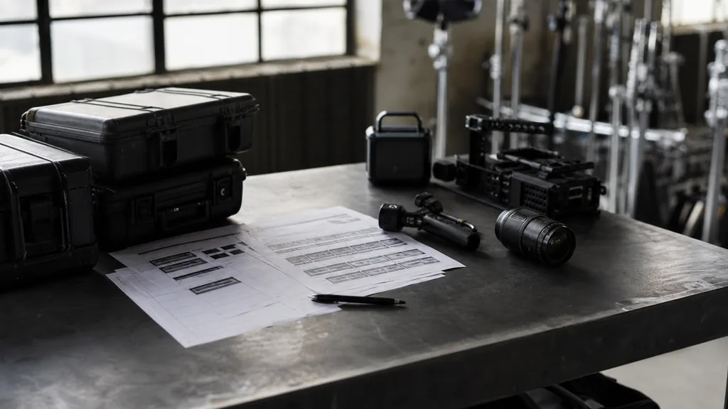 Editorial photograph of a Warsaw film production office with camera cases, printed shot lists and lighting stands on a dark steel table