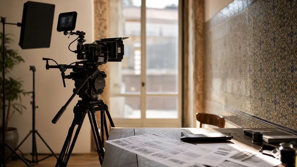 Editorial photograph of a Lisbon video production studio with a camera rig, printed storyboards and warm afternoon light beside a tiled wall