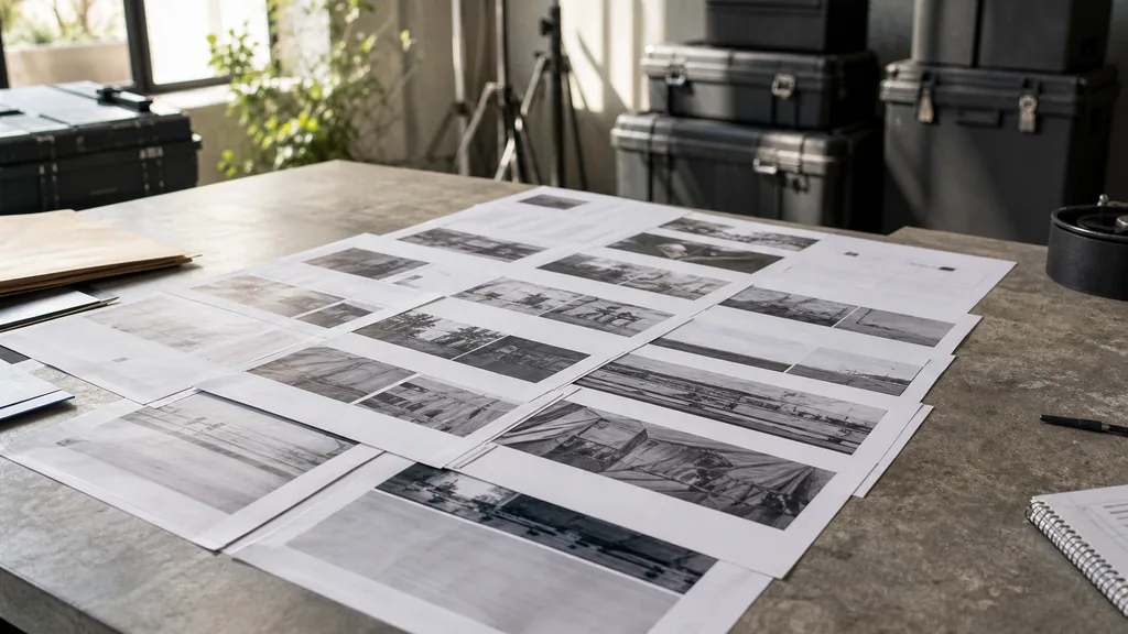 Editorial photograph of a Tel Aviv film production office with camera cases, printed storyboards and bright daylight on a concrete table