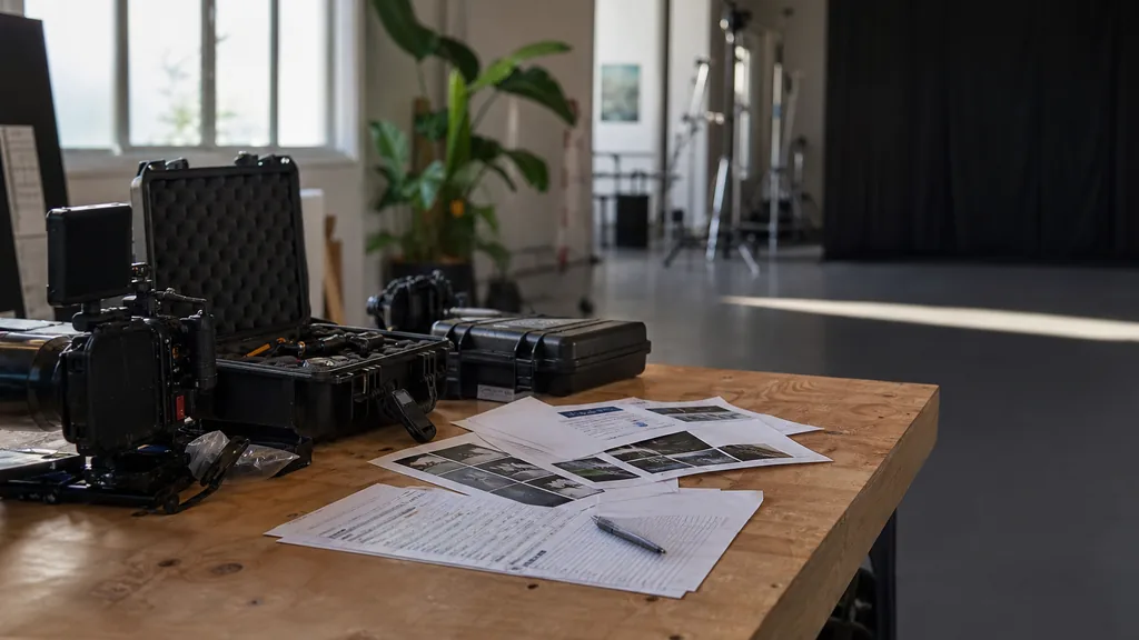 Editorial photograph of an Auckland video production studio with camera cases, printed shot lists and soft daylight on a plywood table