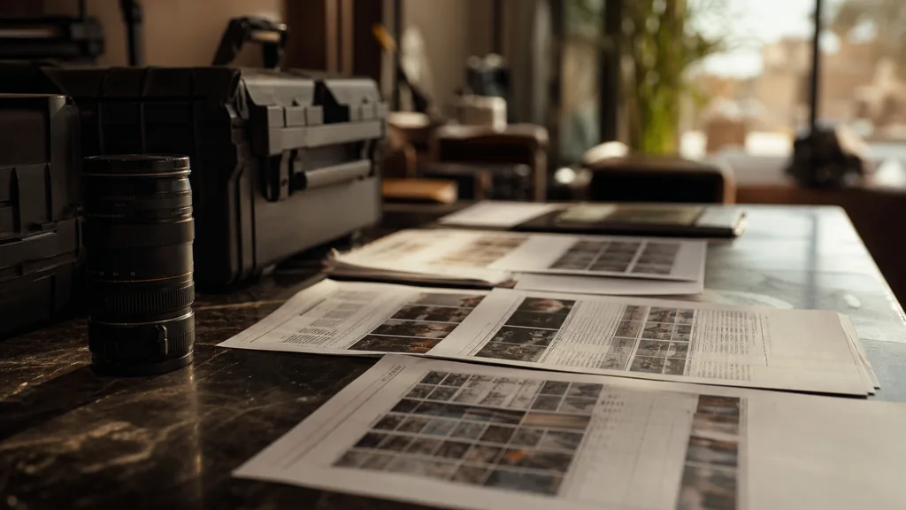 Editorial photograph of an Abu Dhabi video production office with camera cases, printed call sheets and warm desert light on a dark table