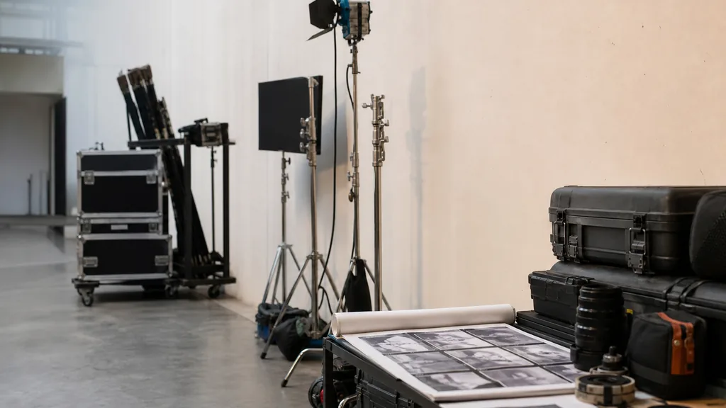 Editorial photograph of a Riyadh video production studio with a cinema camera, printed storyboards and lighting stands beside a pale stone wall