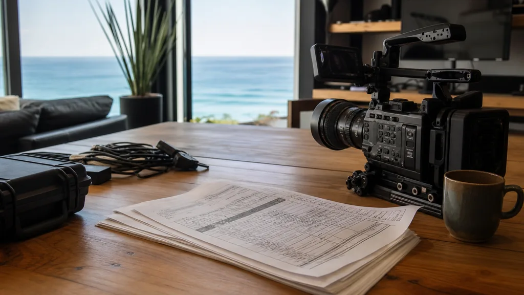 Editorial photograph of a Cape Town film production office with camera cases, printed shot lists and Table Mountain daylight on a wooden table