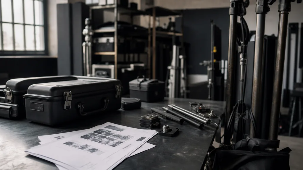 Editorial photograph of a Johannesburg video production studio with camera equipment cases and printed call sheets on a dark steel table