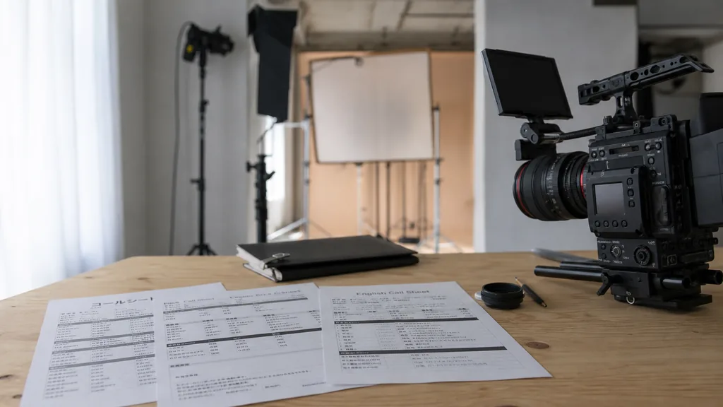 Editorial photograph of a Tokyo video production studio with a cinema camera, printed storyboards and cool daylight on a dark concrete table