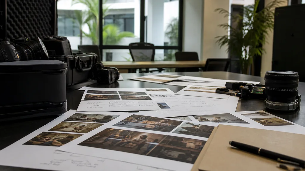 Editorial photograph of a Kuala Lumpur video production office with camera cases, printed shot lists and bright tropical daylight on a teak table