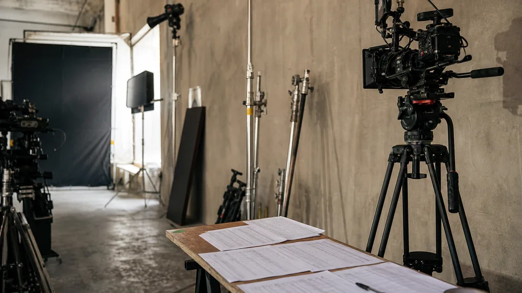 Editorial photograph of a Sao Paulo video production studio with camera cases, printed call sheets and warm afternoon light on a dark wooden table