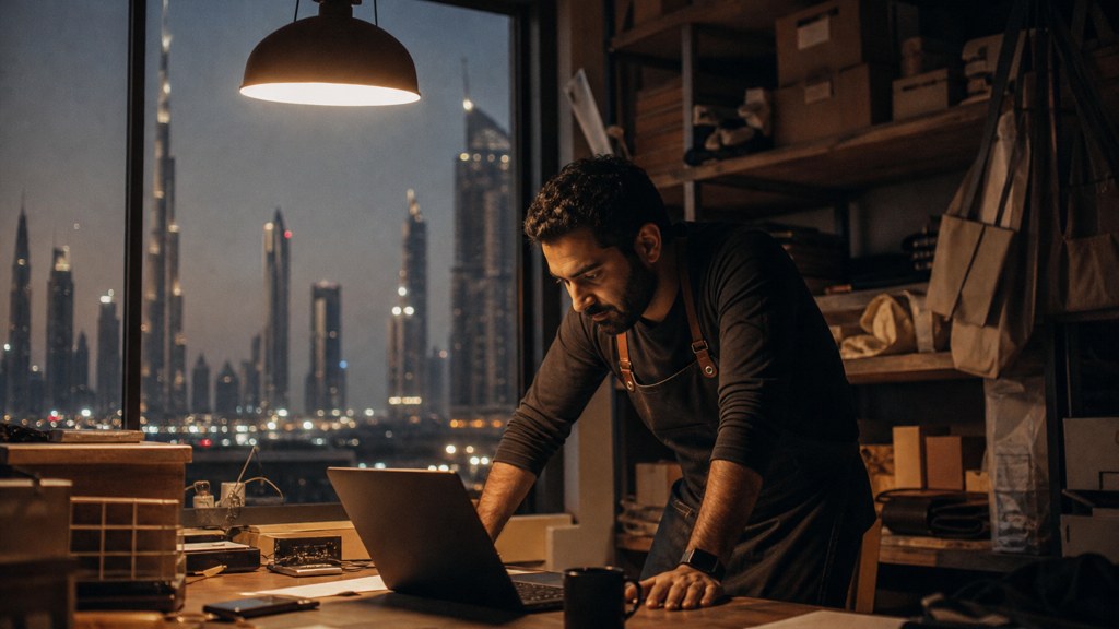 A small-business owner in an apron leaning over a laptop on a cluttered back-office desk late in the day, photographed in Dubai