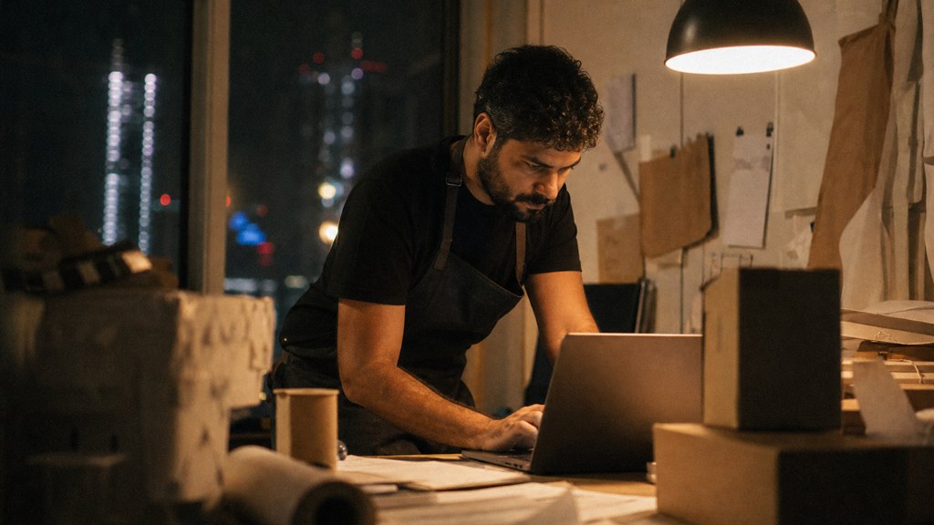 A small-business owner in an apron leaning over a laptop on a cluttered back-office desk late in the day, photographed in Dubai