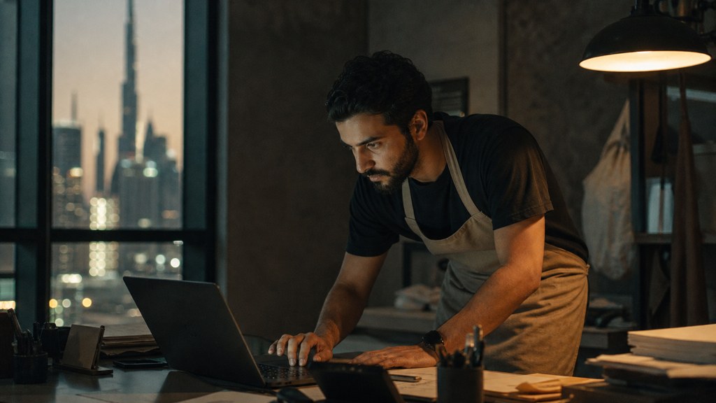A small-business owner in an apron leaning over a laptop on a cluttered back-office desk late in the day, photographed in Dubai