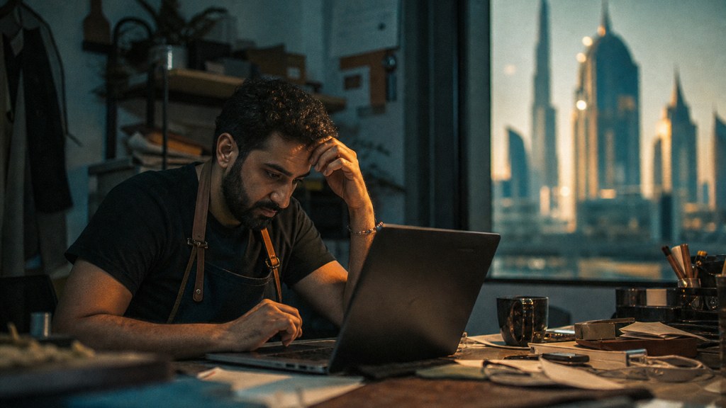 A small-business owner in an apron leaning over a laptop on a cluttered back-office desk late in the day, photographed in Dubai