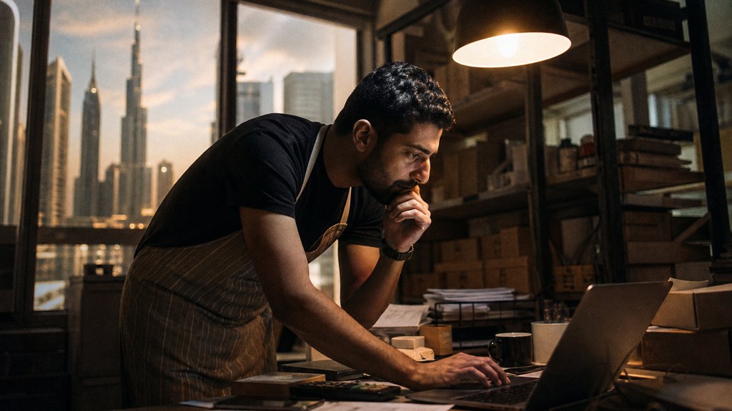 A small-business owner in an apron leaning over a laptop on a cluttered back-office desk late in the day, photographed in Dubai
