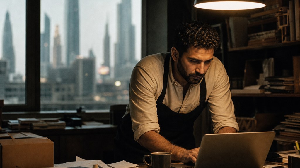 A small-business owner in an apron leaning over a laptop on a cluttered back-office desk late in the day, photographed in Dubai