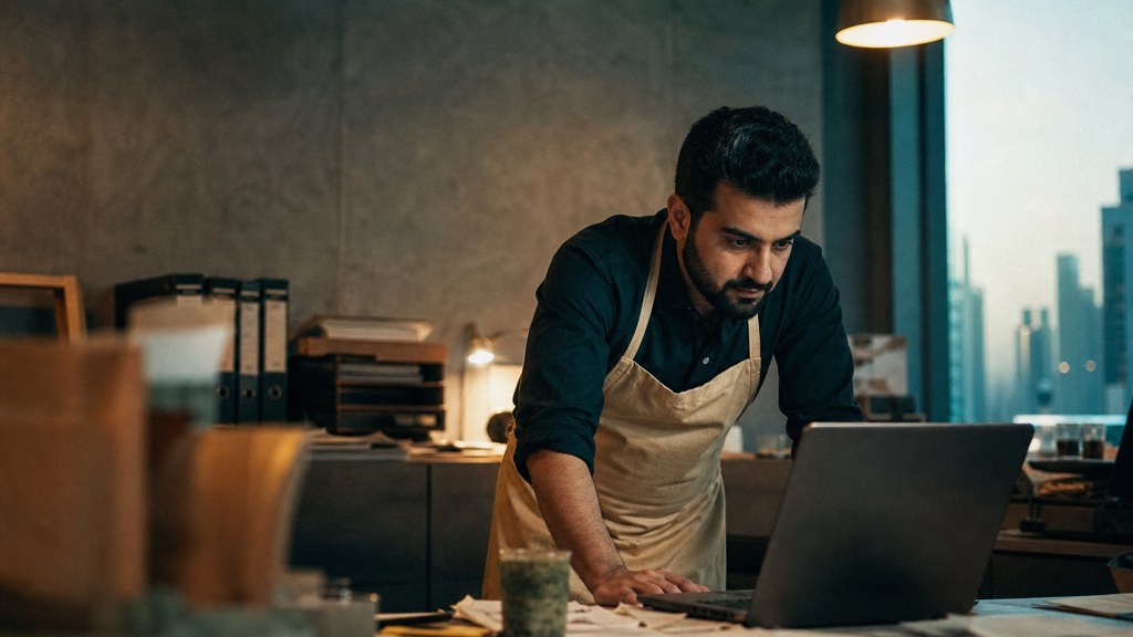 A small-business owner in an apron leaning over a laptop on a cluttered back-office desk late in the day, photographed in Dubai