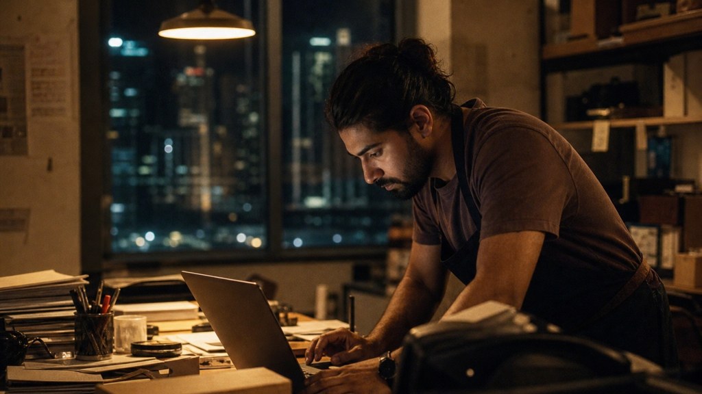 A small-business owner in an apron leaning over a laptop on a cluttered back-office desk late in the day, photographed in Dubai