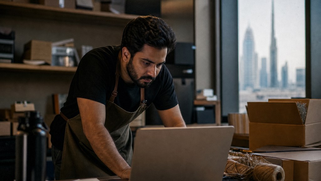A small-business owner in an apron leaning over a laptop on a cluttered back-office desk late in the day, photographed in Dubai