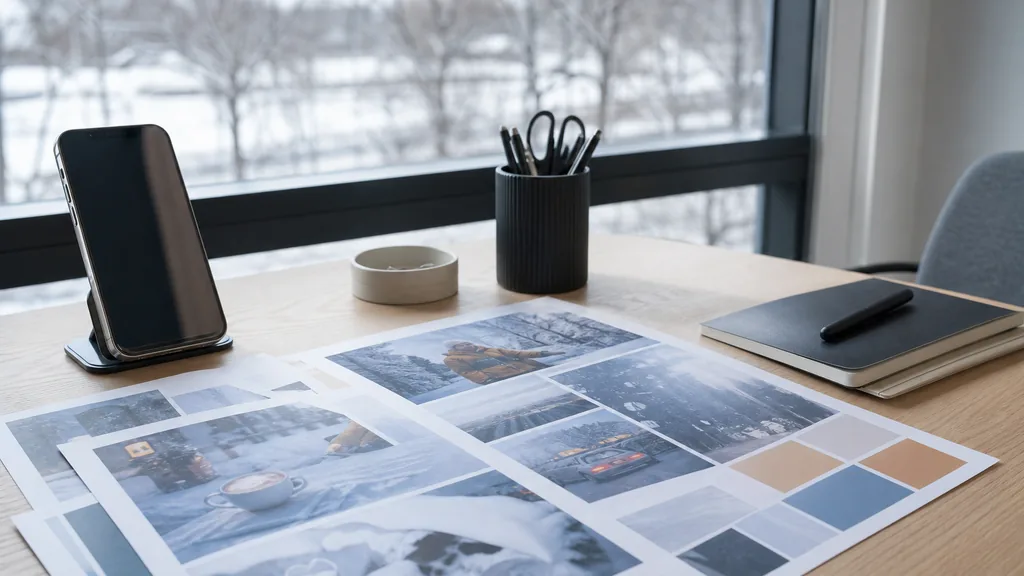 Editorial photograph of an empty marketing agency workspace in a Minneapolis brick warehouse with tall windows onto a river bridge, grain silos and bare winter trees