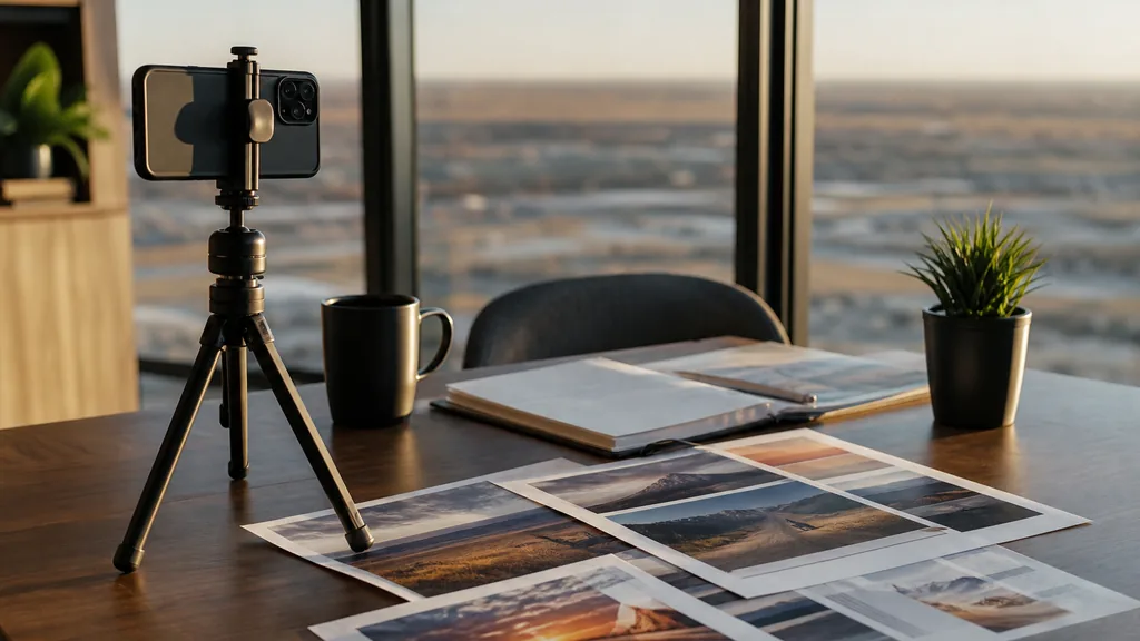 Editorial photograph of an empty marketing agency workspace in a Calgary downtown office with wide windows onto a frozen river, low bridges and foothills under pale winter light
