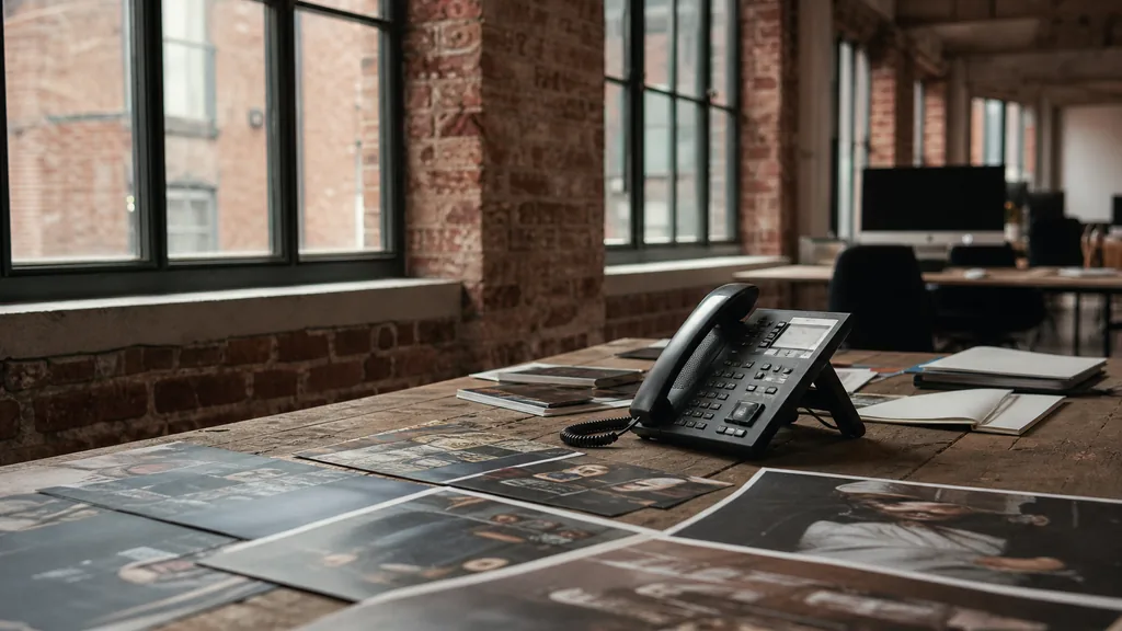 Editorial photograph of an empty marketing agency workspace in a Manchester red brick mill with steel-framed windows onto a canal, viaduct arches and low grey cloud