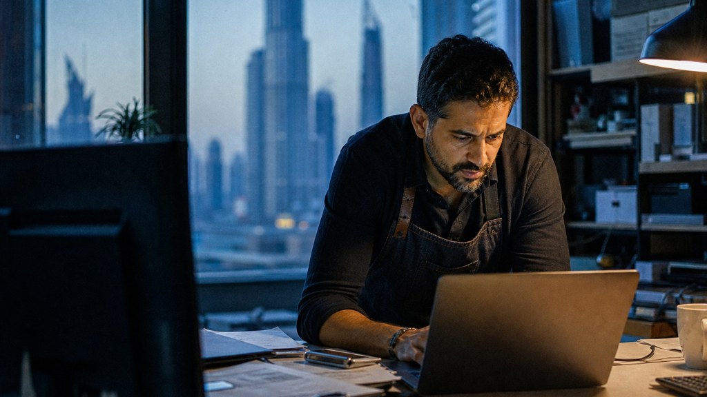 A small-business owner in an apron leaning over a laptop on a cluttered back-office desk late in the day, photographed in Dubai