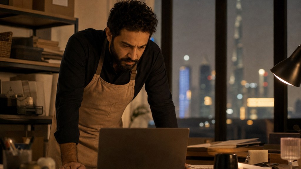 A small-business owner in an apron leaning over a laptop on a cluttered back-office desk late in the day, photographed in Dubai