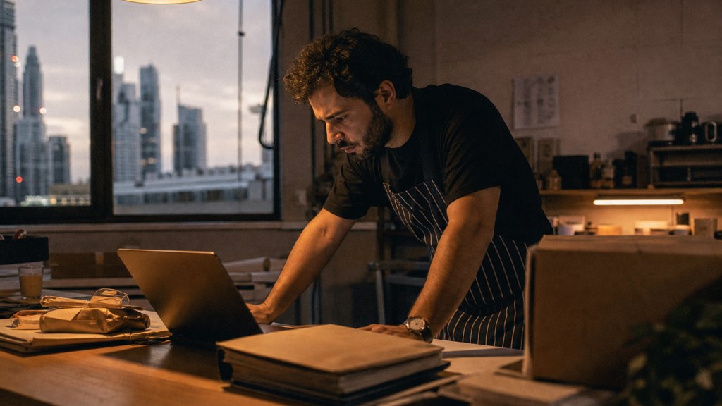 A small-business owner in an apron leaning over a laptop on a cluttered back-office desk late in the day, photographed in Dubai