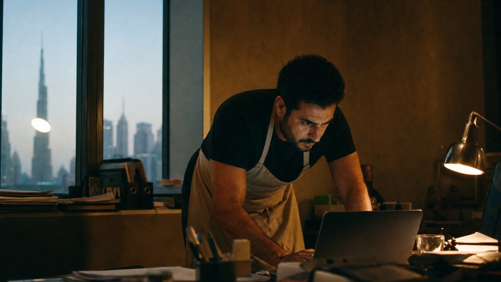 A small-business owner in an apron leaning over a laptop on a cluttered back-office desk late in the day, photographed in Dubai