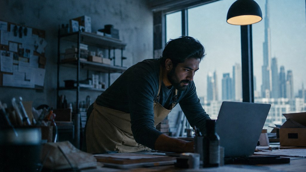 A small-business owner in an apron leaning over a laptop on a cluttered back-office desk late in the day, photographed in Dubai