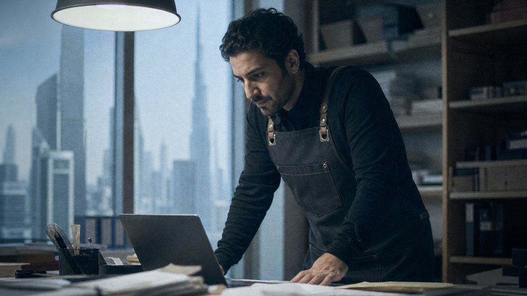 A small-business owner in an apron leaning over a laptop on a cluttered back-office desk late in the day, photographed in Dubai