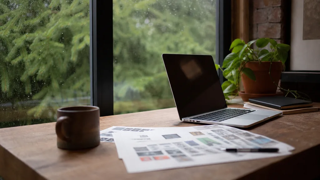 Editorial photograph of an empty marketing agency workspace in a Portland converted warehouse with wide windows onto wet streets and tall fir trees