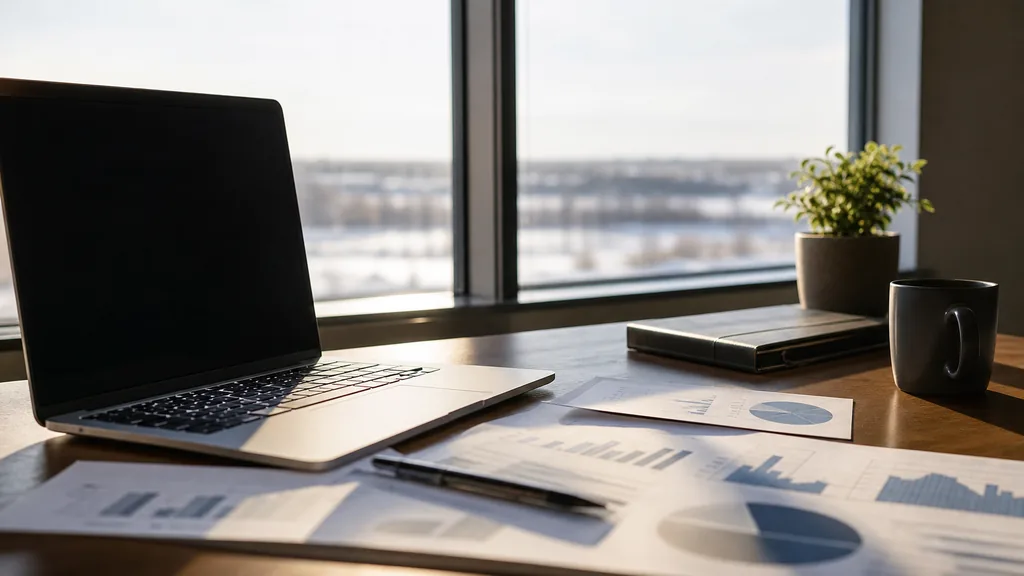 Editorial photograph of an empty marketing agency workspace in a Calgary downtown office with wide windows onto a frozen river and foothills under pale winter light