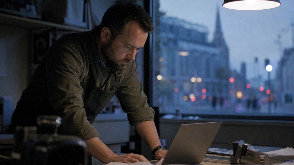 A small-business owner in an apron leaning over a laptop on a cluttered back-office desk late in the day, photographed in Dublin
