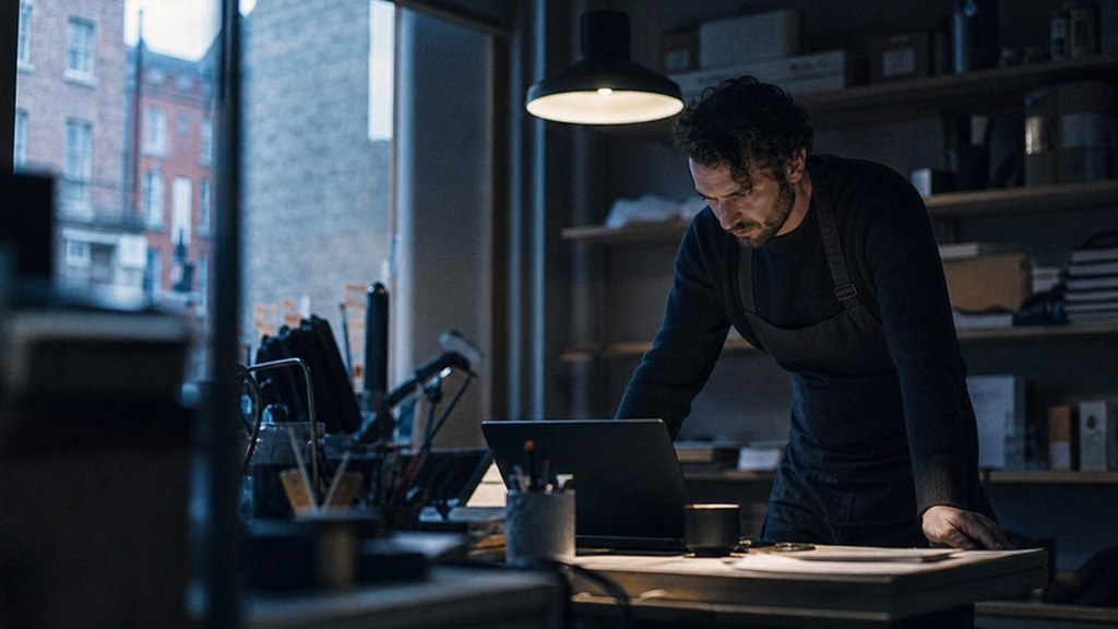 A small-business owner in an apron leaning over a laptop on a cluttered back-office desk late in the day, photographed in Dublin