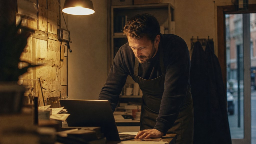 A small-business owner in an apron leaning over a laptop on a cluttered back-office desk late in the day, photographed in Dublin