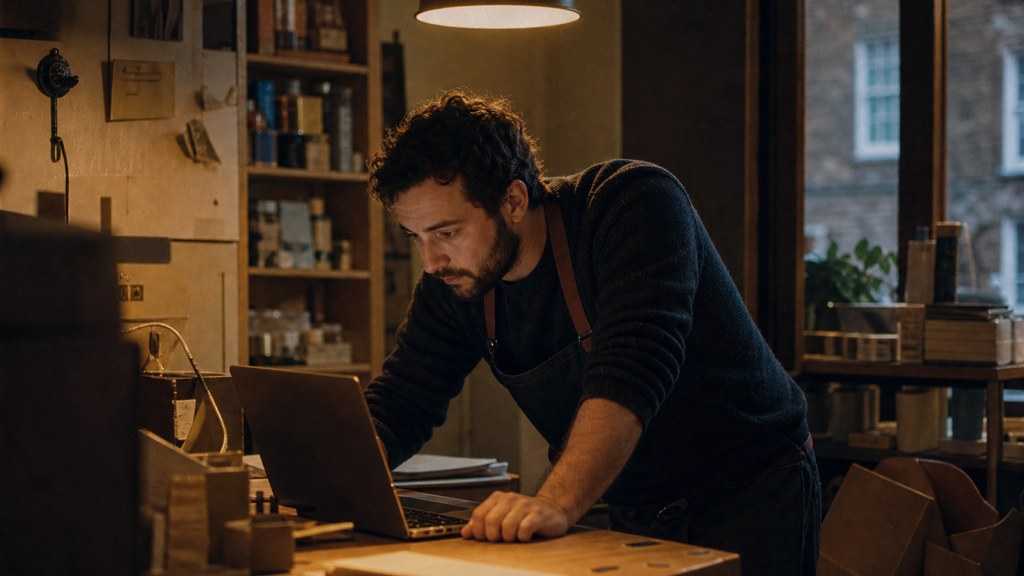A small-business owner in an apron leaning over a laptop on a cluttered back-office desk late in the day, photographed in Dublin