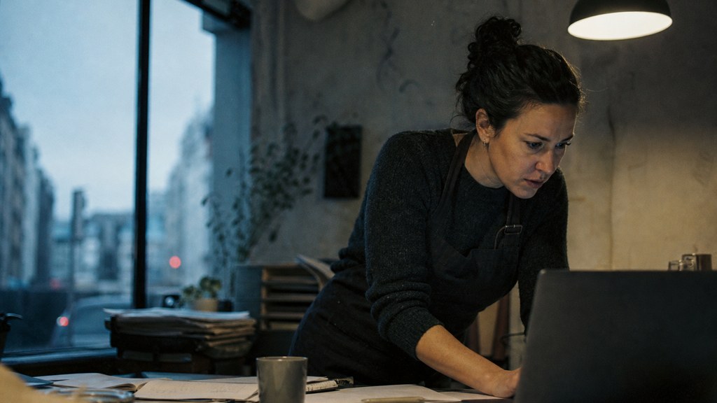 A small-business owner in an apron leaning over a laptop on a cluttered back-office desk late in the day, photographed in Dublin