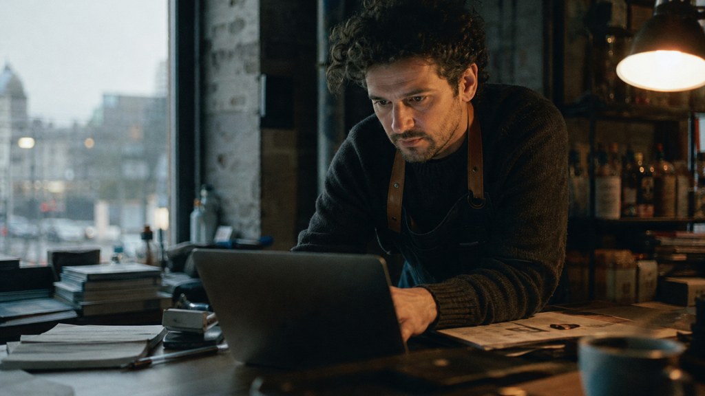A small-business owner in an apron leaning over a laptop on a cluttered back-office desk late in the day, photographed in Dublin